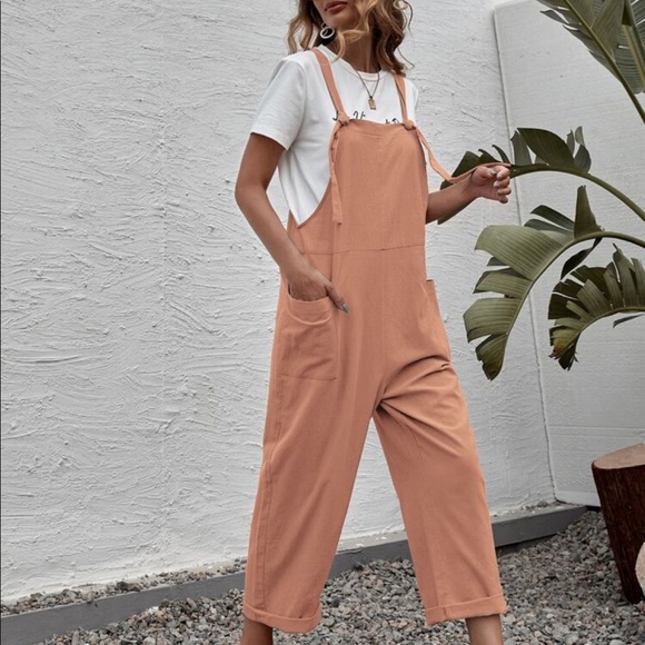 Boho Overalls Wide Leg Suspender Style Jumpsuit Pockets - Picture 5 of 5